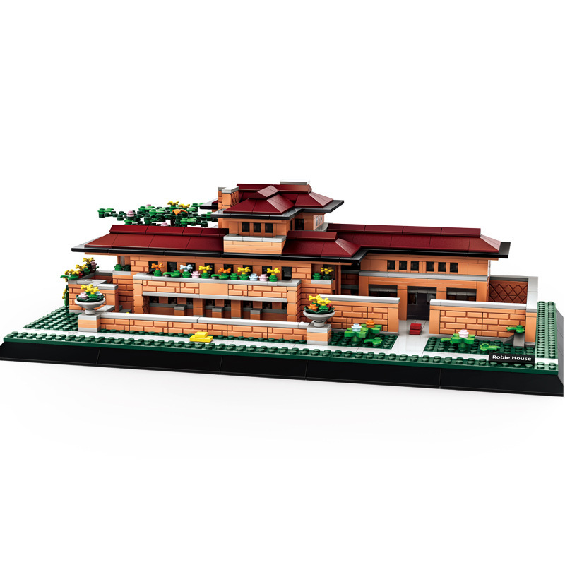 Robie House building blocks model with layered structure, long horizontal design, and detailed architectural elements on a clean white background for display and collection