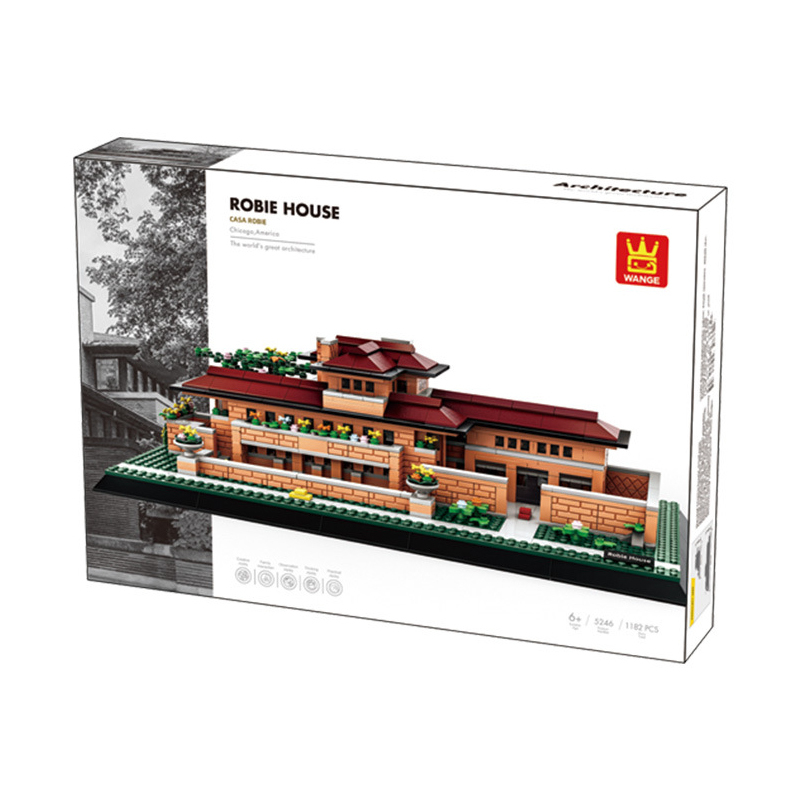 Robie House Chicago building blocks set packaging with detailed architecture model preview and clean box design, ideal for gifting and collection