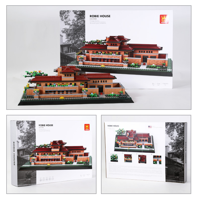 Robie House building blocks model displayed with packaging box, showcasing finished architecture model alongside retail box for display, collection, and gifting presentation