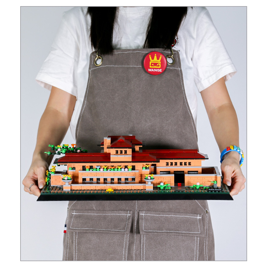 Robie House building blocks model with extended rooflines and detailed brickwork, displayed as a finished architectural piece for desk or shelf decor