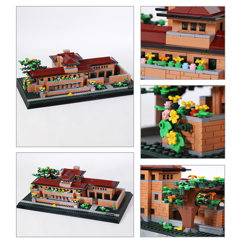 Robie House building blocks model with multiple angles and close-up details, highlighting brick textures, balcony planters, and landscaped elements for a realistic architectural finish