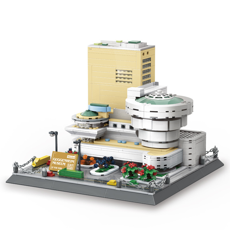 WANGE Guggenheim Museum building blocks model showing curved structure, geometric forms, and detailed base, ideal for display and architectural collection