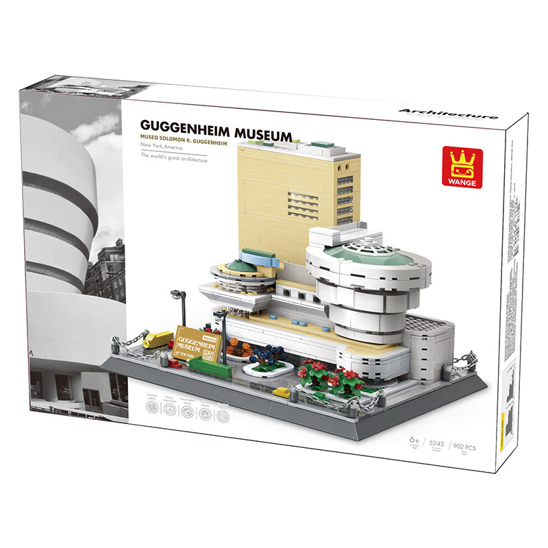 WANGE Guggenheim Museum building blocks packaging box showing assembled model, modern architecture design, and product details with 902 pieces