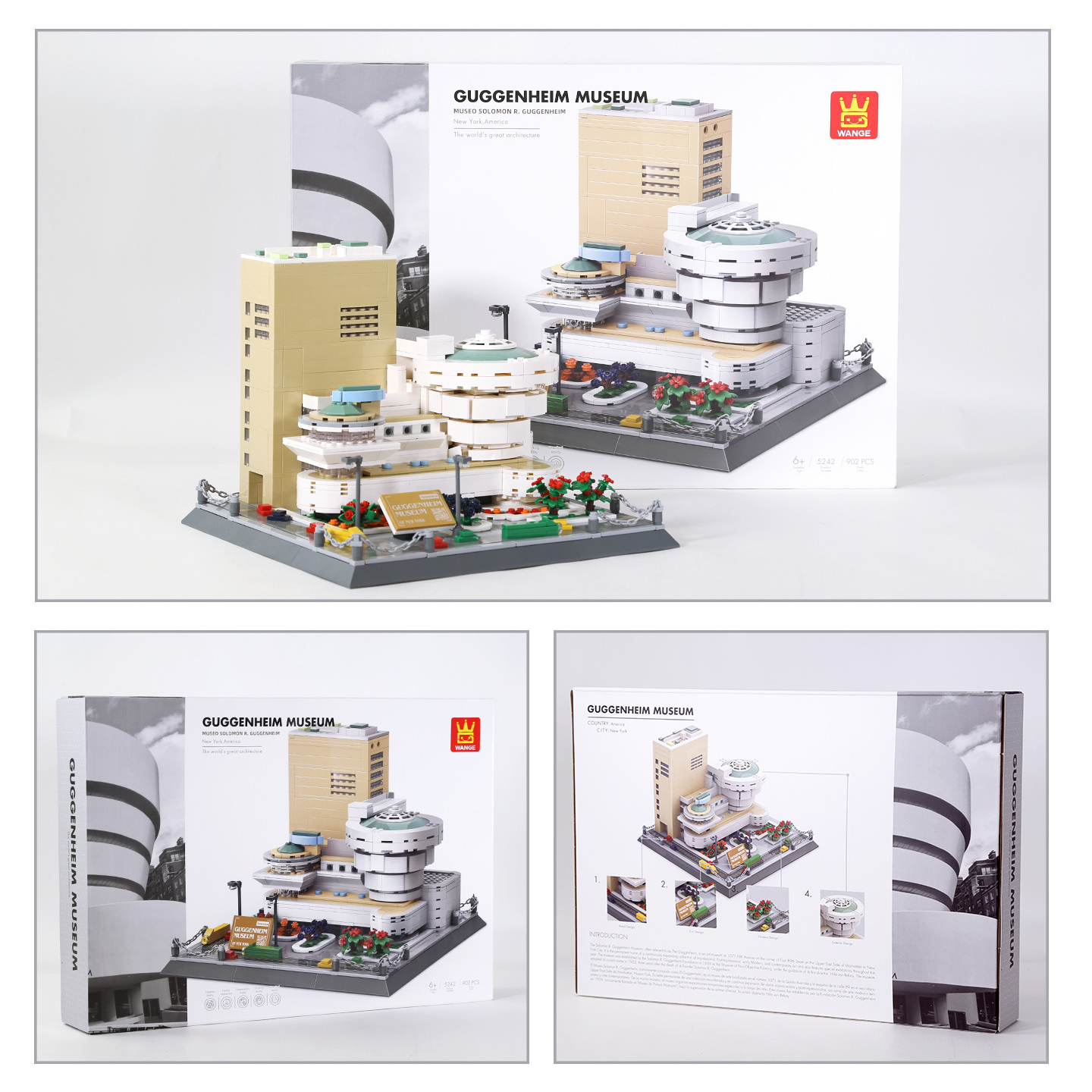 Guggenheim Museum building blocks set with assembled model and packaging box, showing front and back design, ideal for display, collection, and gifting