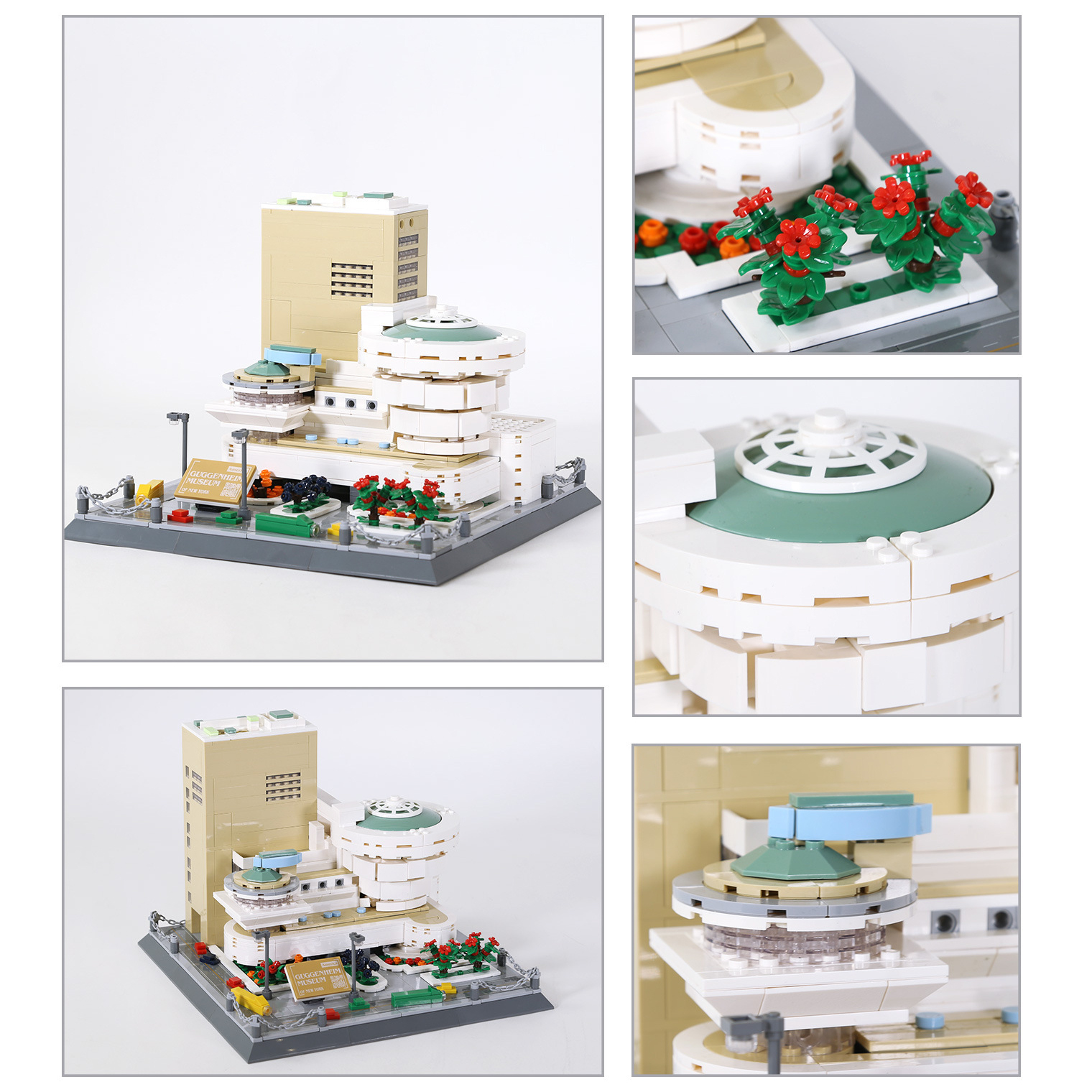 Guggenheim Museum building blocks model with multiple angles and close-up details, featuring curved architecture, rooftop dome, and landscaped base elements