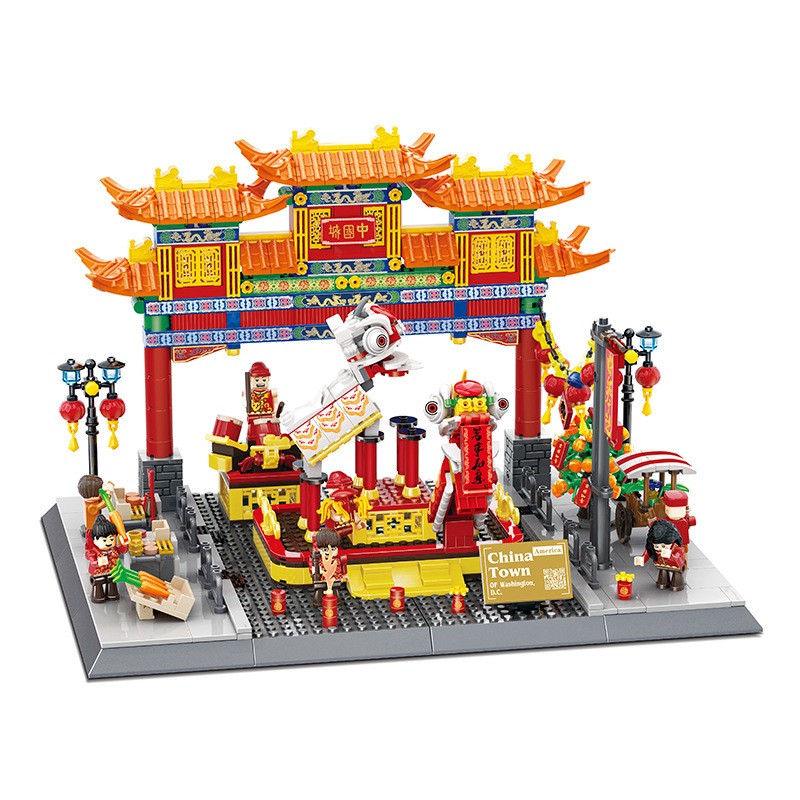 WANGE China Town building blocks model featuring traditional Chinese gateway, detailed roof design, lanterns, and cultural street display scene