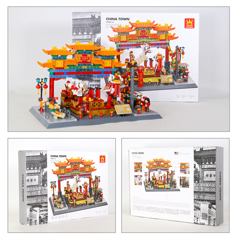 WANGE China Town building blocks completed model with packaging box, front and back views, and architectural display set overview