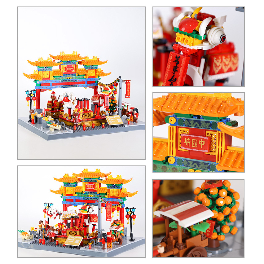 China Town building blocks set showing multiple angles and close-up details, including traditional gateway, roof patterns, festive decorations, and street scene elements