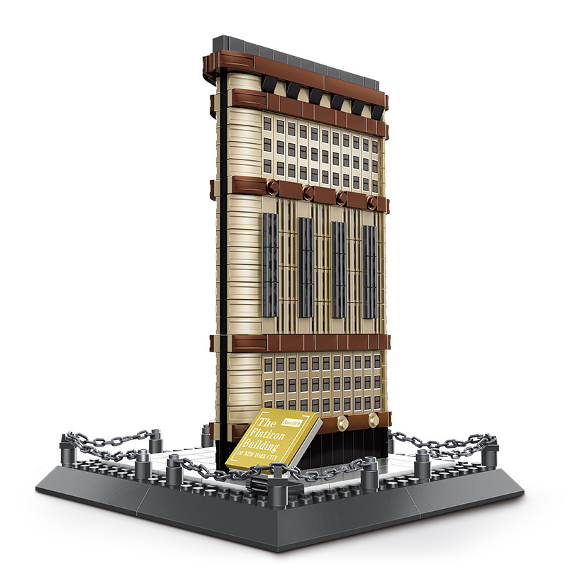 WANGE Flatiron Building building blocks model with realistic architectural details, showcasing its iconic triangular structure and display base, perfect for collection and showcase purposes