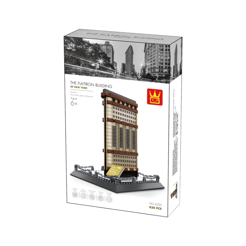 WANGE Flatiron Building building blocks set packaging box featuring the completed model design, 838 pieces, suitable for gifting, storage, and retail display