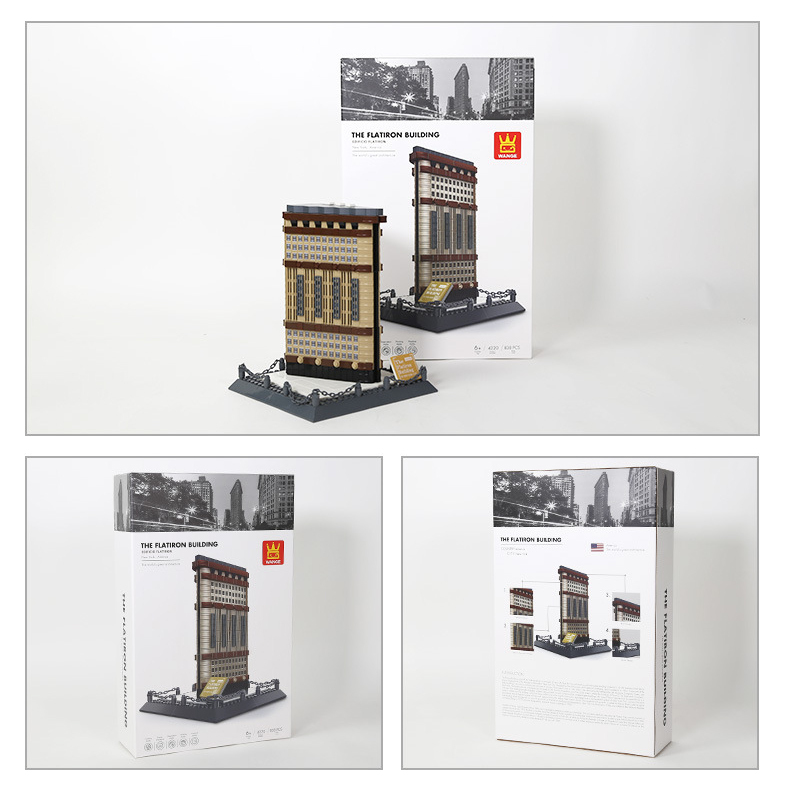 WANGE Flatiron Building building blocks model displayed with packaging box, showcasing completed build, box design, and presentation suitable for gifting and collection