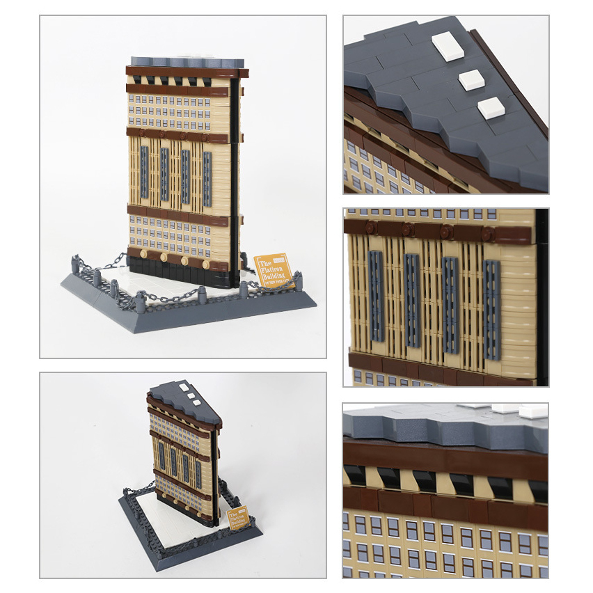 WANGE Flatiron Building building blocks model collage showing multiple angles and close-up details, including facade textures, roof structure, and display base design