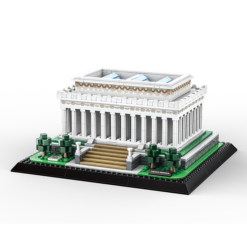 WANGE Lincoln Memorial building blocks model featuring symmetrical architecture, classic columns, and display base on a clean white background