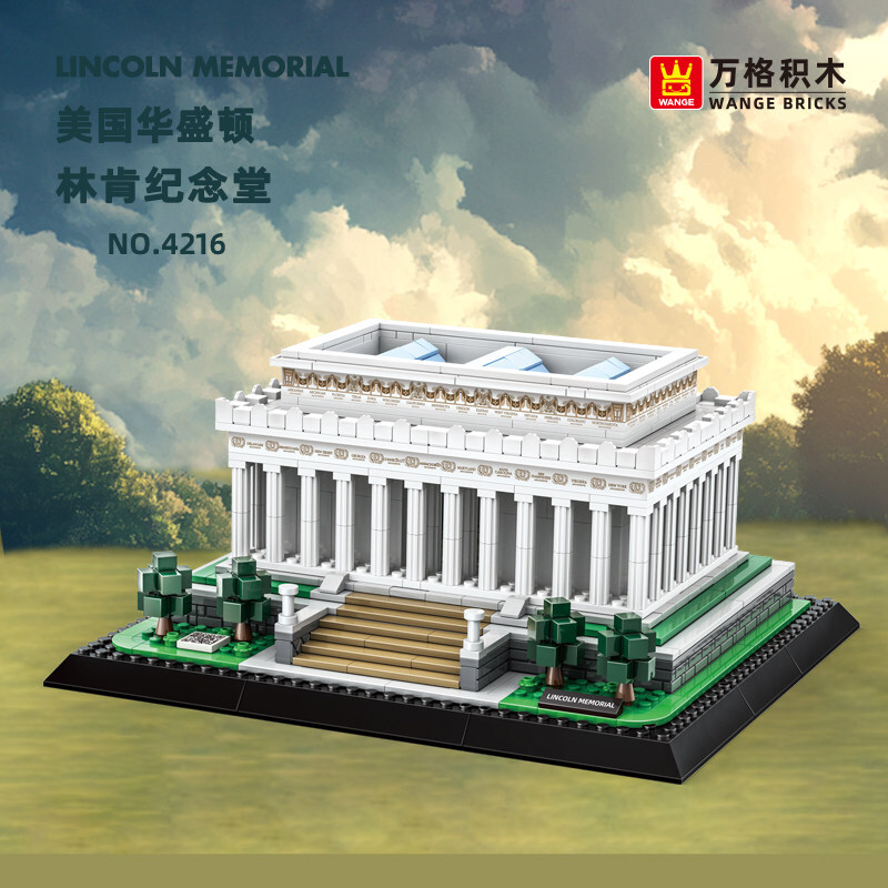 Lincoln Memorial building blocks model with detailed columns, steps, and landscaped base, displayed in a scenic outdoor-style background