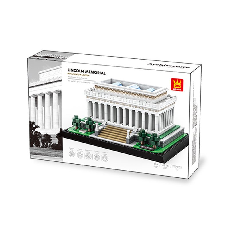 WANGE Lincoln Memorial building blocks set packaging box featuring model image, architectural details, and product presentation design