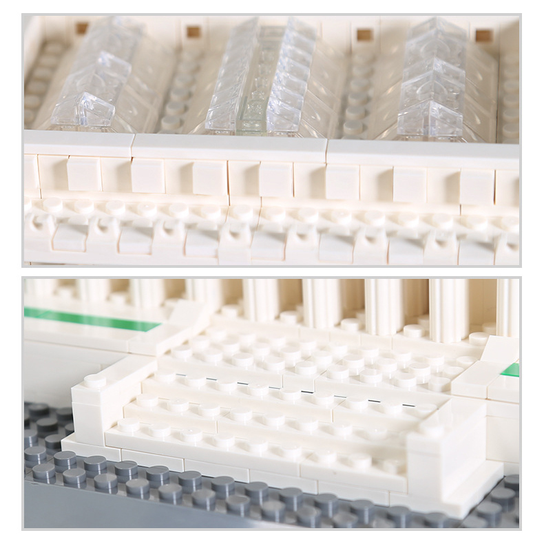 Building blocks model close-up highlighting roof structure, transparent elements, and stepped entrance details with precise brick layout