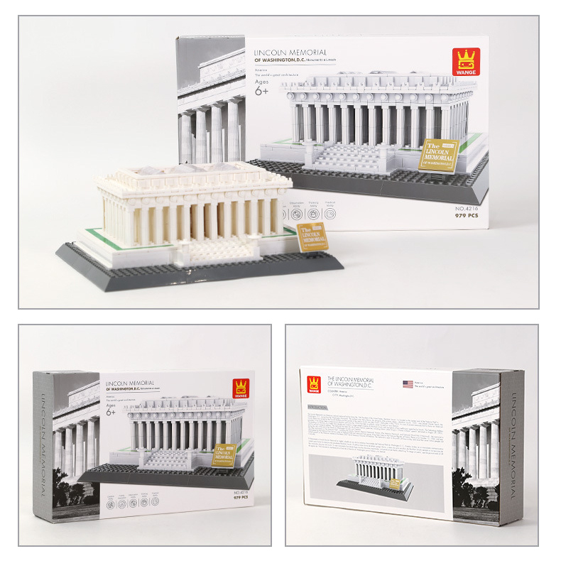 WANGE Lincoln Memorial building blocks model displayed with packaging box, highlighting finished build and retail presentation