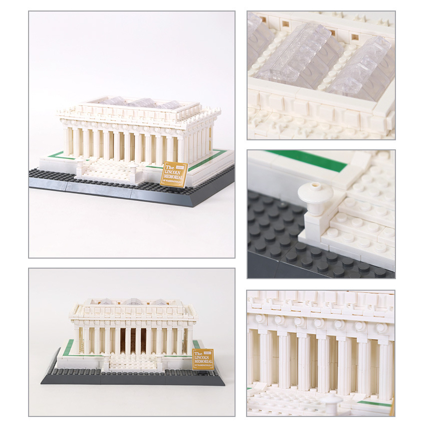 Lincoln Memorial building blocks model showcasing multiple angles, detailed columns, steps, roof structure, and close-up architectural elements