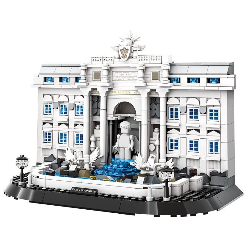 WANGE Trevi Fountain building blocks model front view with symmetrical architecture, intricate facade details, sculptural elements, and vibrant blue water base for display and collection
