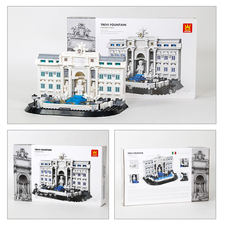 WANGE Trevi Fountain building blocks model with packaging box, showing completed architecture model, box design, and front and back views for display and gift presentation