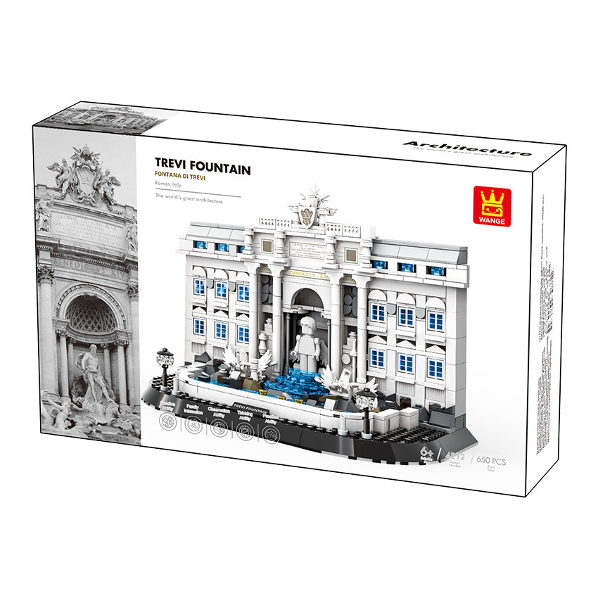WANGE Trevi Fountain Rome Italy building blocks set packaging box showing completed model, architectural details, and 650 pieces construction set for display and collection