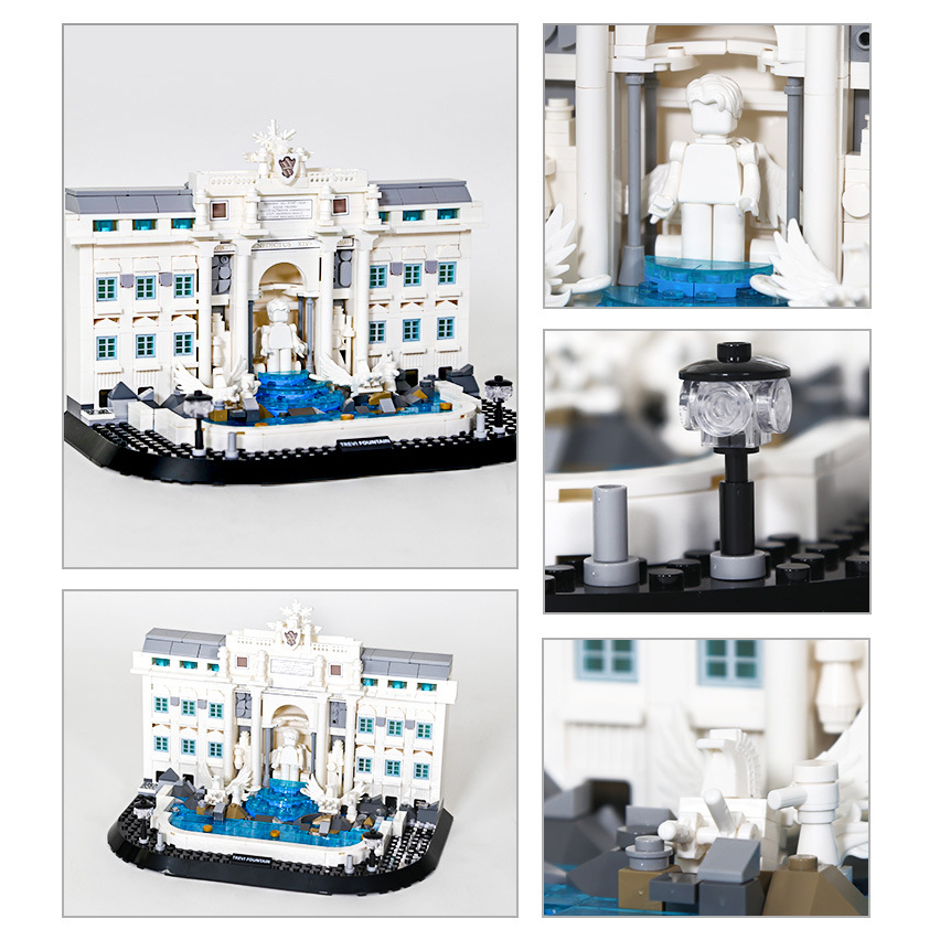 WANGE Trevi Fountain Rome Italy building blocks model collage showing front view, architectural details, sculptural elements, water feature, and decorative street lamp close-ups