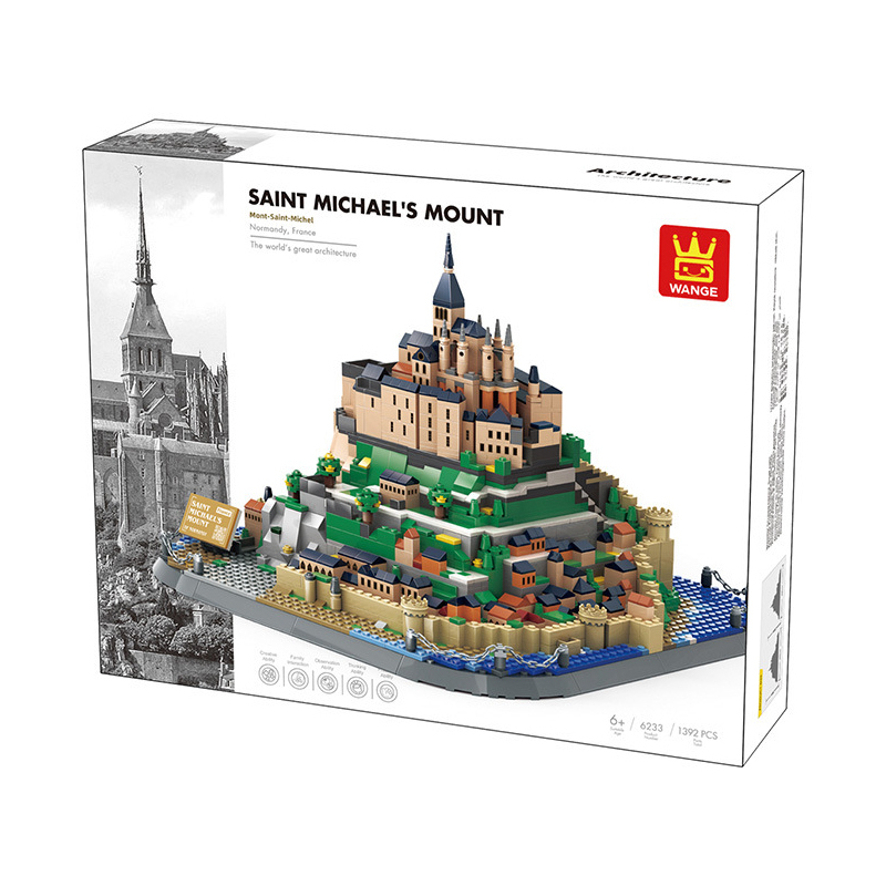 Mont-Saint-Michel building blocks set in original WANGE packaging box, featuring architectural model artwork and detailed landmark presentation design