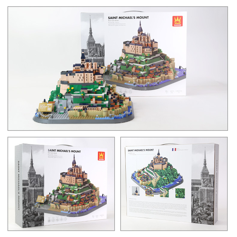 Mont-Saint-Michel building blocks set with front and back packaging box, highlighting product design, architectural model artwork, and detailed presentation