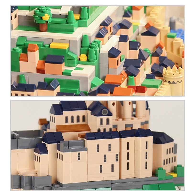 Mont-Saint-Michel building blocks close-up showing miniature houses, layered terrain, and detailed brick textures for realistic architectural display