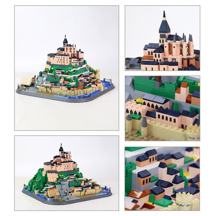 Mont-Saint-Michel building blocks model with multiple angles and close-up details, showcasing layered terrain, spire, and miniature structures for display and collection