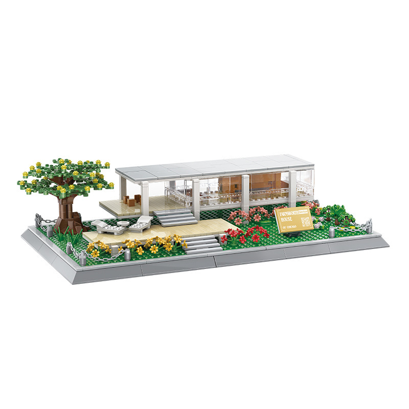 WANGE Farnsworth House building blocks model featuring minimalist architecture, transparent walls, elevated platform, and decorative greenery display
