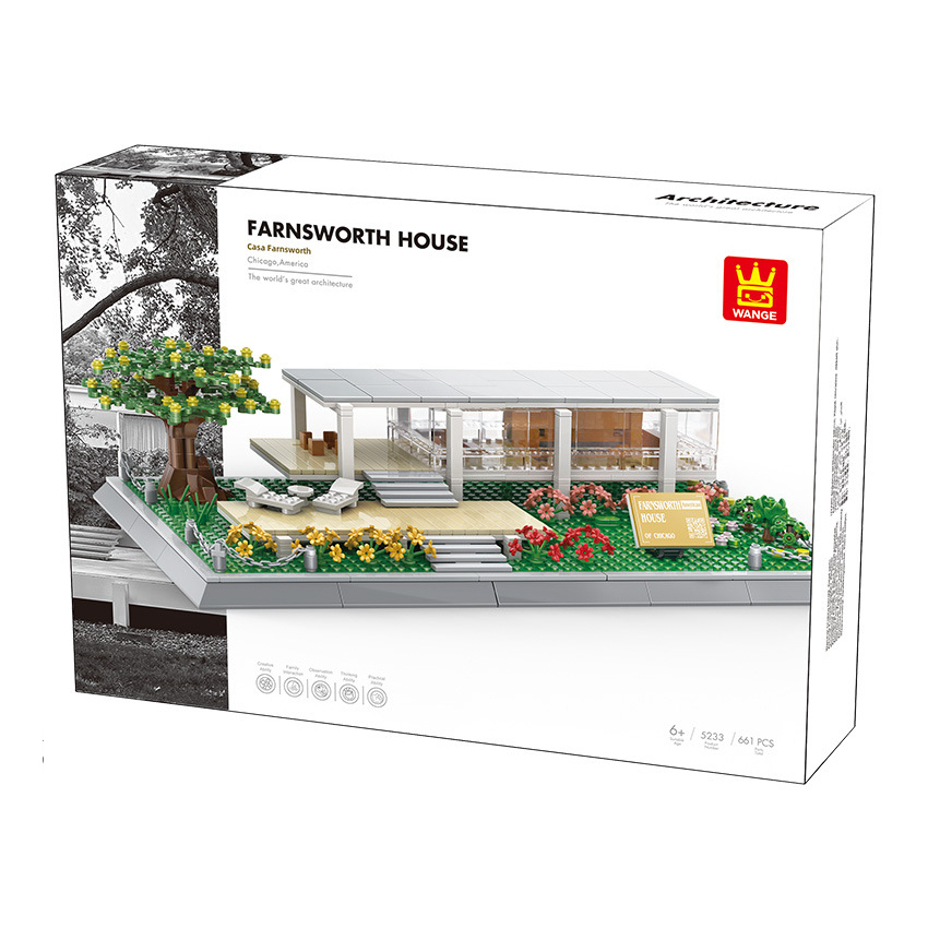 WANGE Farnsworth House building blocks set packaging box with model image, modern architecture design and 661 pieces details