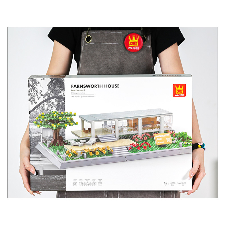 Farnsworth House Illinois USA building blocks set packaging displayed with completed model, minimalist glass house and landscaped base