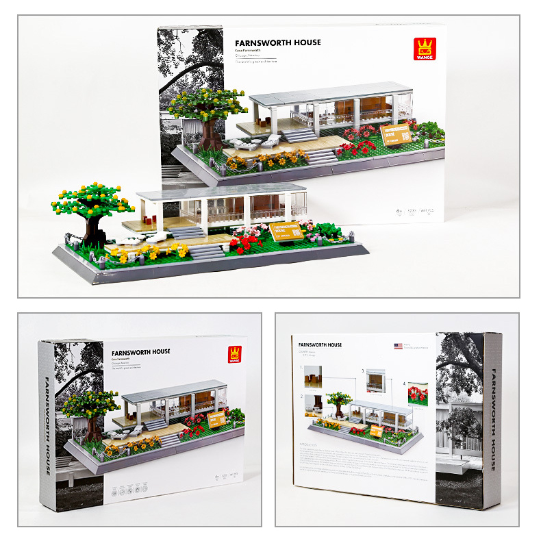 WANGE Farnsworth House building blocks set with packaging box and completed model, modern glass house design and display scene
