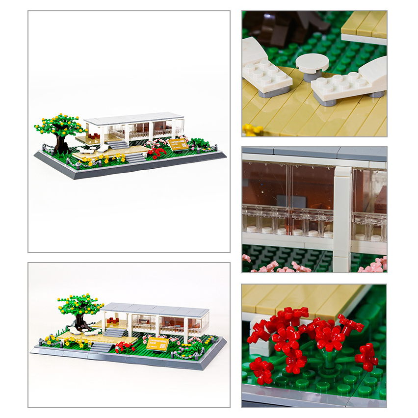 Farnsworth House building blocks model with detail close ups, including seating area, transparent walls, and flower garden elements