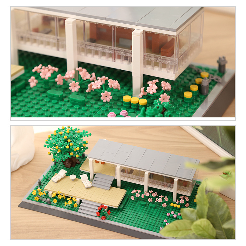 Farnsworth House building blocks close up with transparent walls, pink flowers, greenery base and minimalist modern architecture design