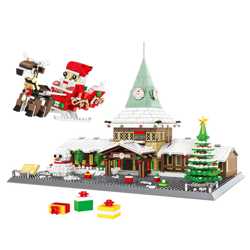 Santa Claus Office building blocks set with winter house, Christmas tree, sleigh and reindeer, detailed festive model for display and collection