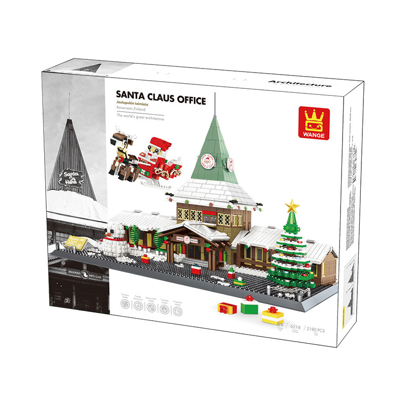 Santa Claus Office building blocks set packaging box showing Christmas village model with snowy roof, tree and sleigh, gift-ready presentation