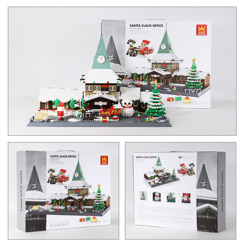 Santa Claus Office building blocks set with assembled Christmas village model and packaging box, front and back views for display and collection