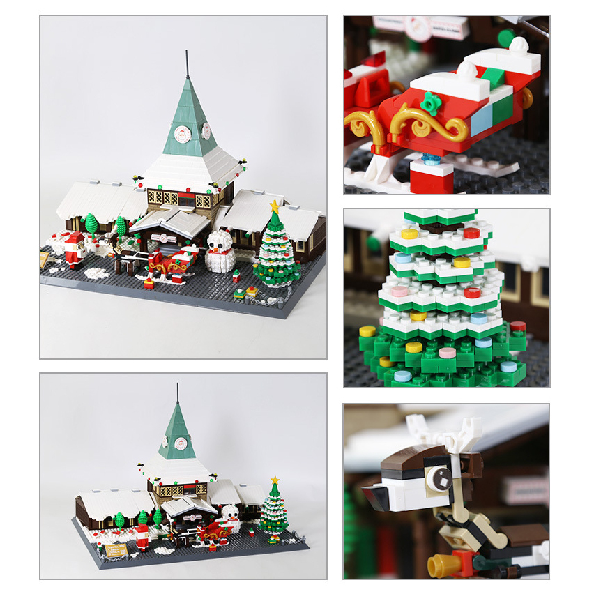 Santa Claus Office building blocks model with detailed close-ups of sleigh, Christmas tree, reindeer and winter village architecture elements