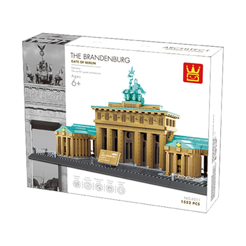 WANGE Brandenburg Gate Berlin Germany building blocks set packaging, color box featuring architectural model and product details