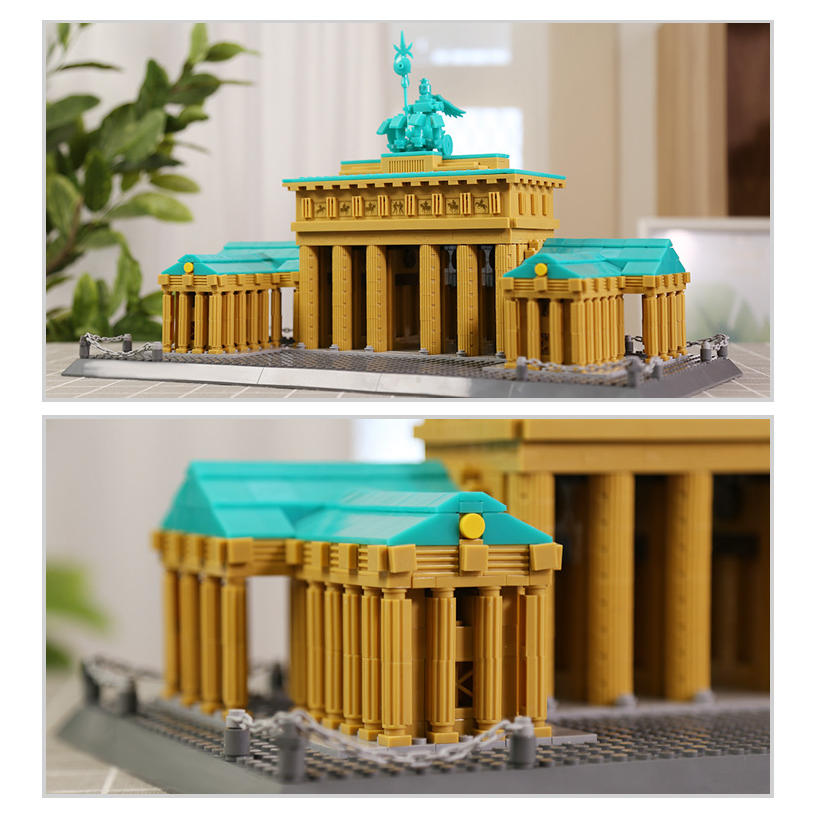 Brandenburg Gate building blocks model close-up showing column details, textured base, and architectural design elements