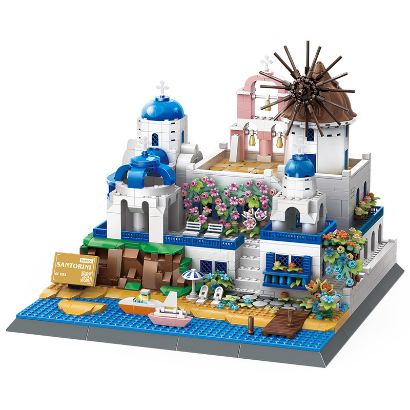 Santorini building blocks model with white and blue architecture, windmill structure, terraces, and coastal base, designed for display and collection
