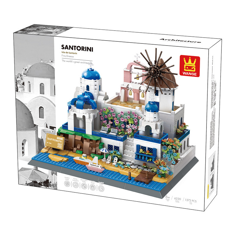 Santorini Fira Greece building blocks set packaging box showing completed model with blue domes, windmill, and coastal village architecture details