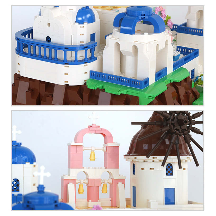 Santorini building blocks close-up showing blue dome architecture, balcony details, bell tower, and windmill structure with intricate design elements