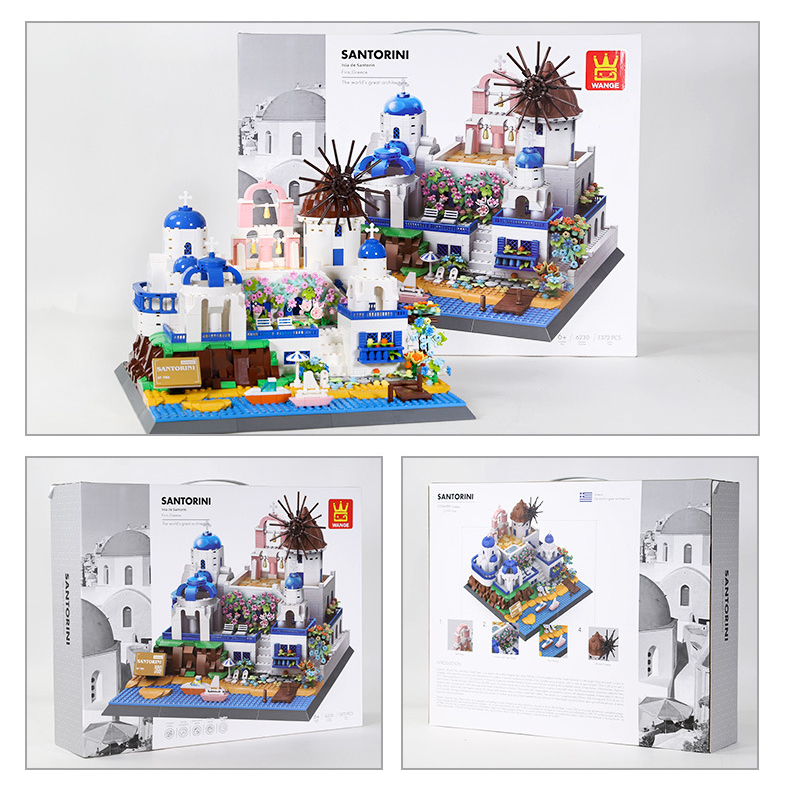 Santorini building blocks set with completed model and packaging box, featuring front and back views, coastal village design, and detailed Mediterranean architecture display