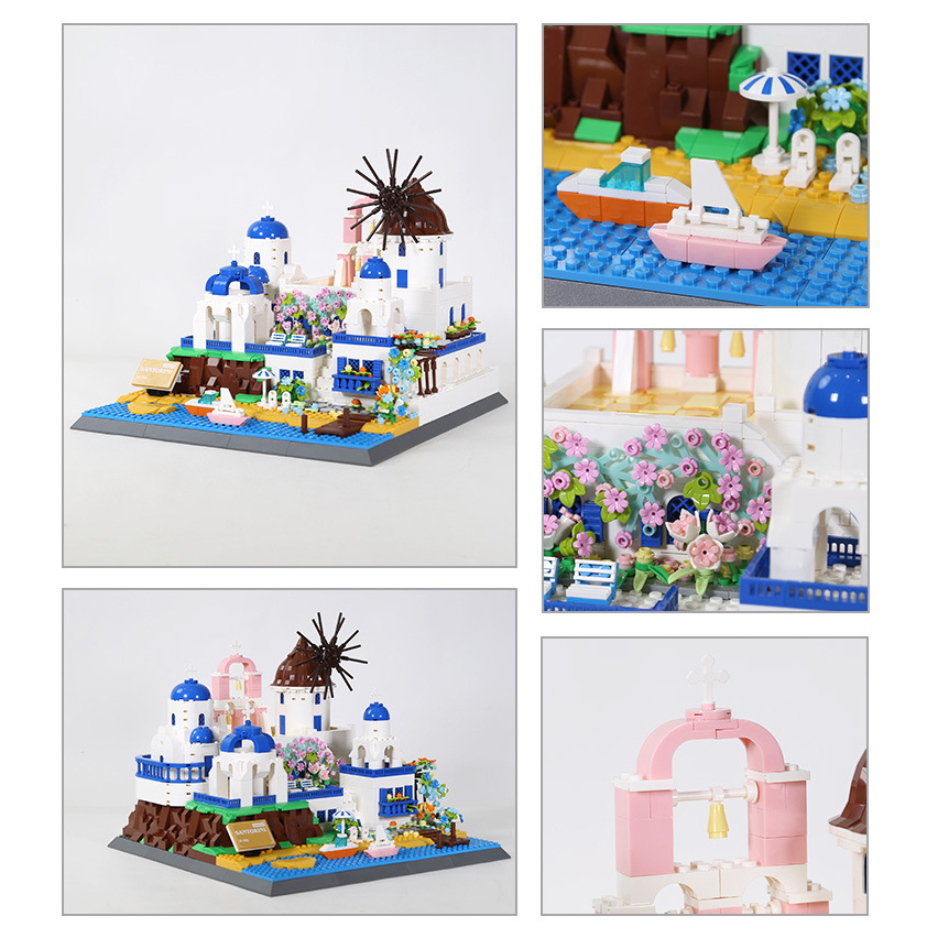 Santorini building blocks model showing multiple angles with blue domes, windmill, terraces, and close-up details of flowers, beach scene, and architectural elements