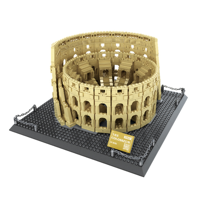 Colosseum Rome Italy building blocks model featuring oval structure, layered arches, and open interior design on a sturdy display base