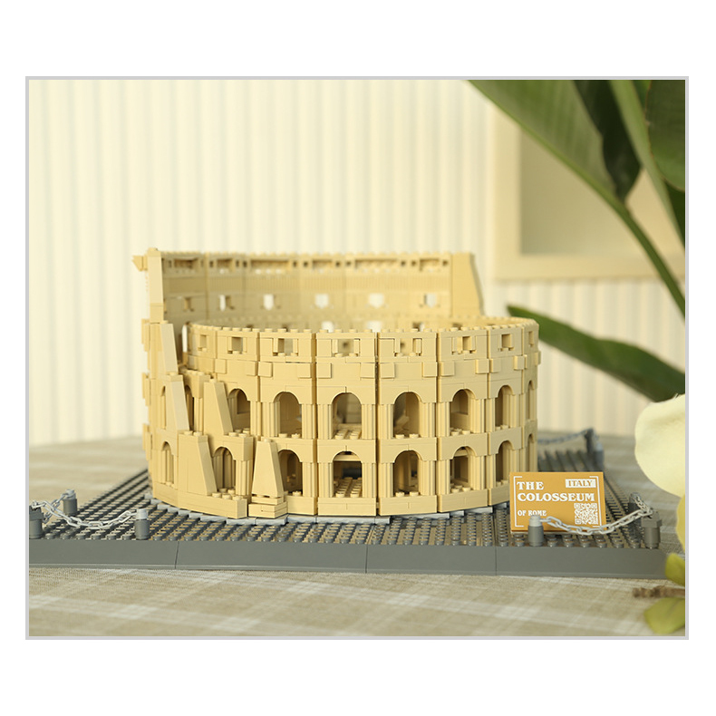 Colosseum building blocks model on display base in a styled interior setting, featuring detailed arches and layered structure with warm decorative ambiance