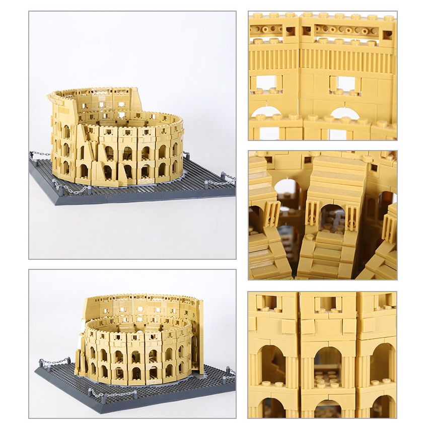 Colosseum Rome Italy building blocks model showcasing multiple angles with detailed arches, interior seating, and structural elements for realistic architectural display